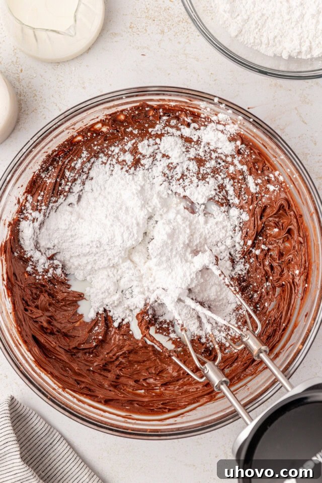 An overhead shot depicting confectioners' sugar being carefully added to the beaten butter and cocoa powder mixture, which will soon become fluffy chocolate frosting.