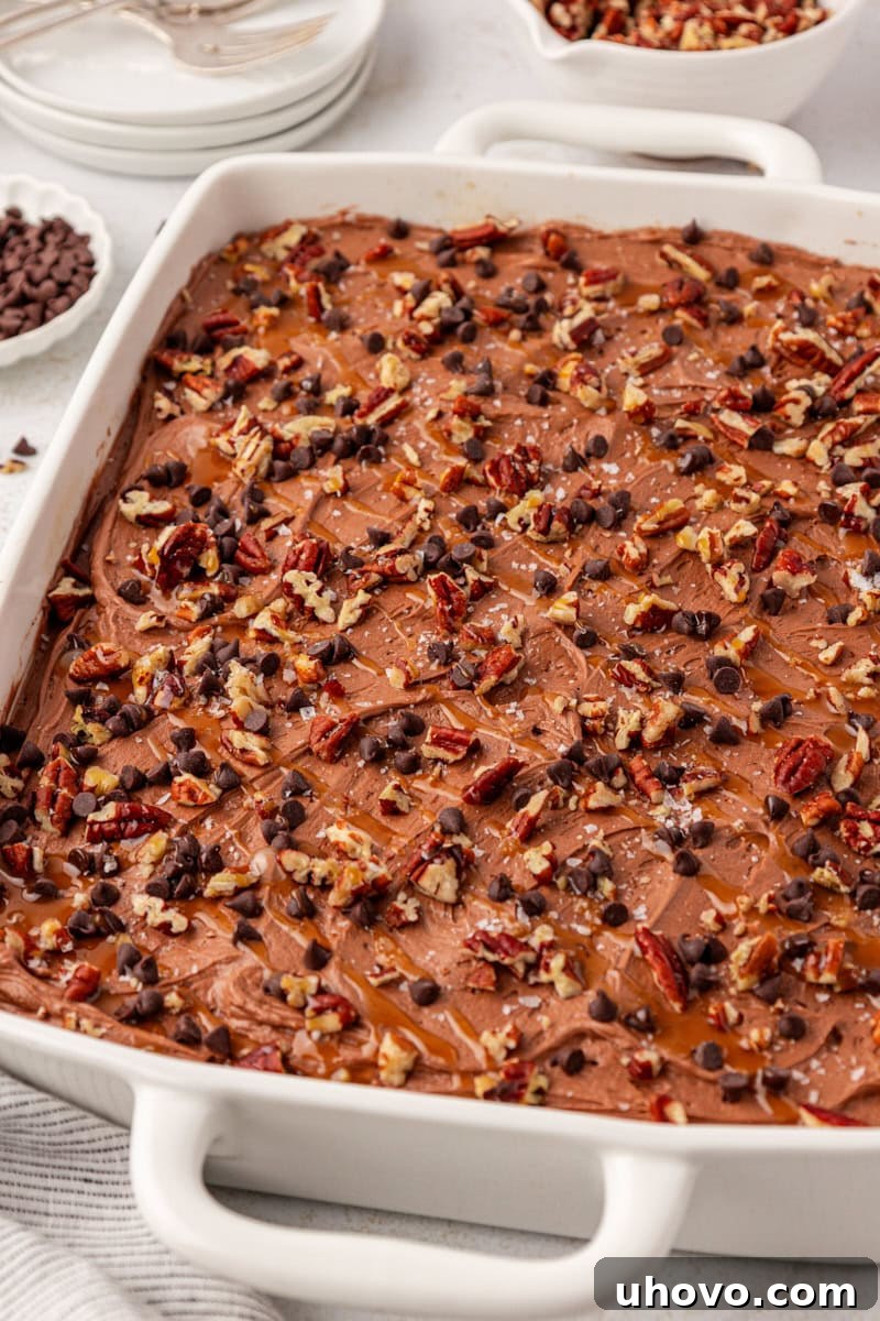 A beautifully presented turtle cake, artfully topped with golden caramel drizzles, crunchy toasted pecans, and delicate mini chocolate chips, set in an elegant white rectangular baking dish.