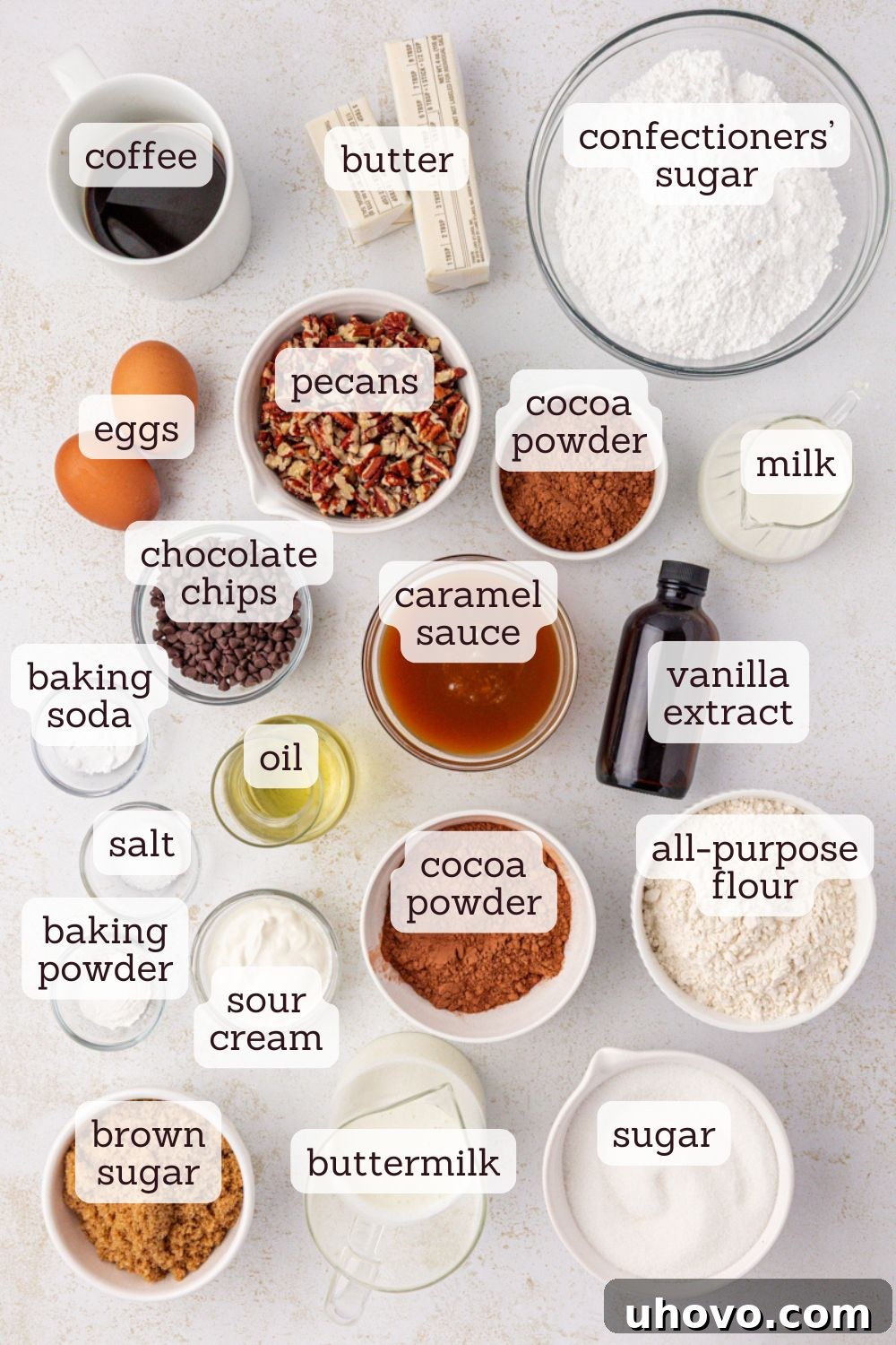 An overhead shot showcasing the various fresh ingredients laid out for making the turtle cake, including flour, cocoa powder, sugars, eggs, butter, caramel, and pecans, ready for baking.