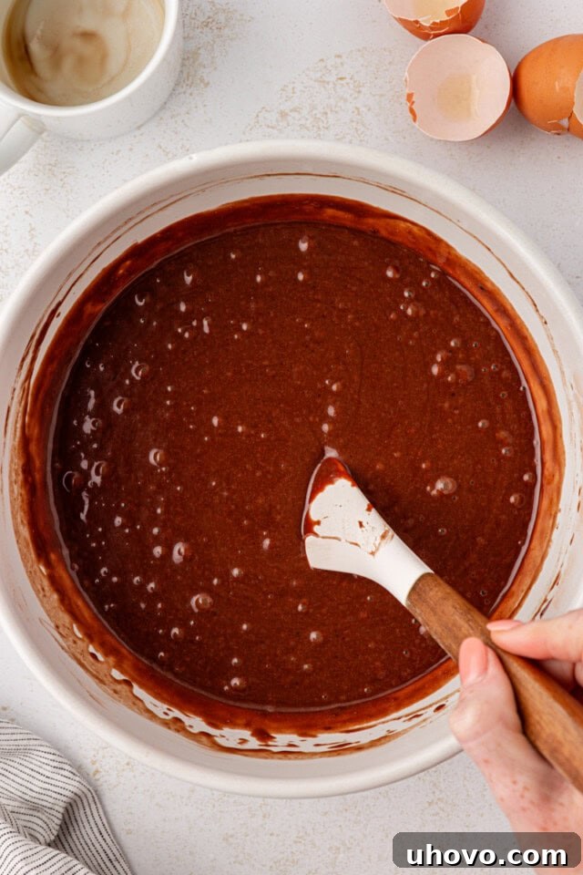 A close-up, overhead view of the smooth, rich chocolate cake batter inside a white mixing bowl, perfectly mixed and ready for the final step.