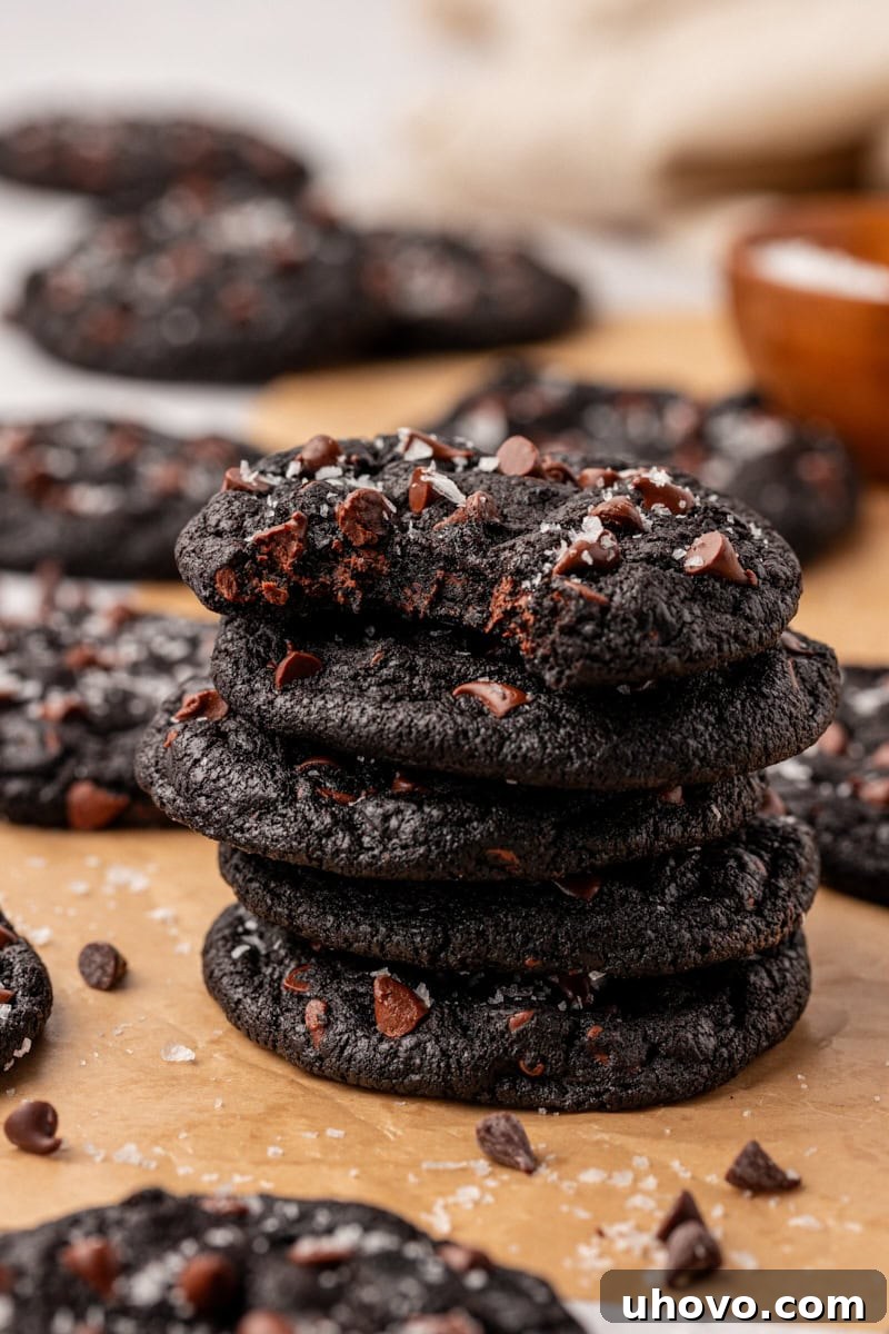stack of five black cocoa cookies on parchment paper with a bite missing from the top cookie