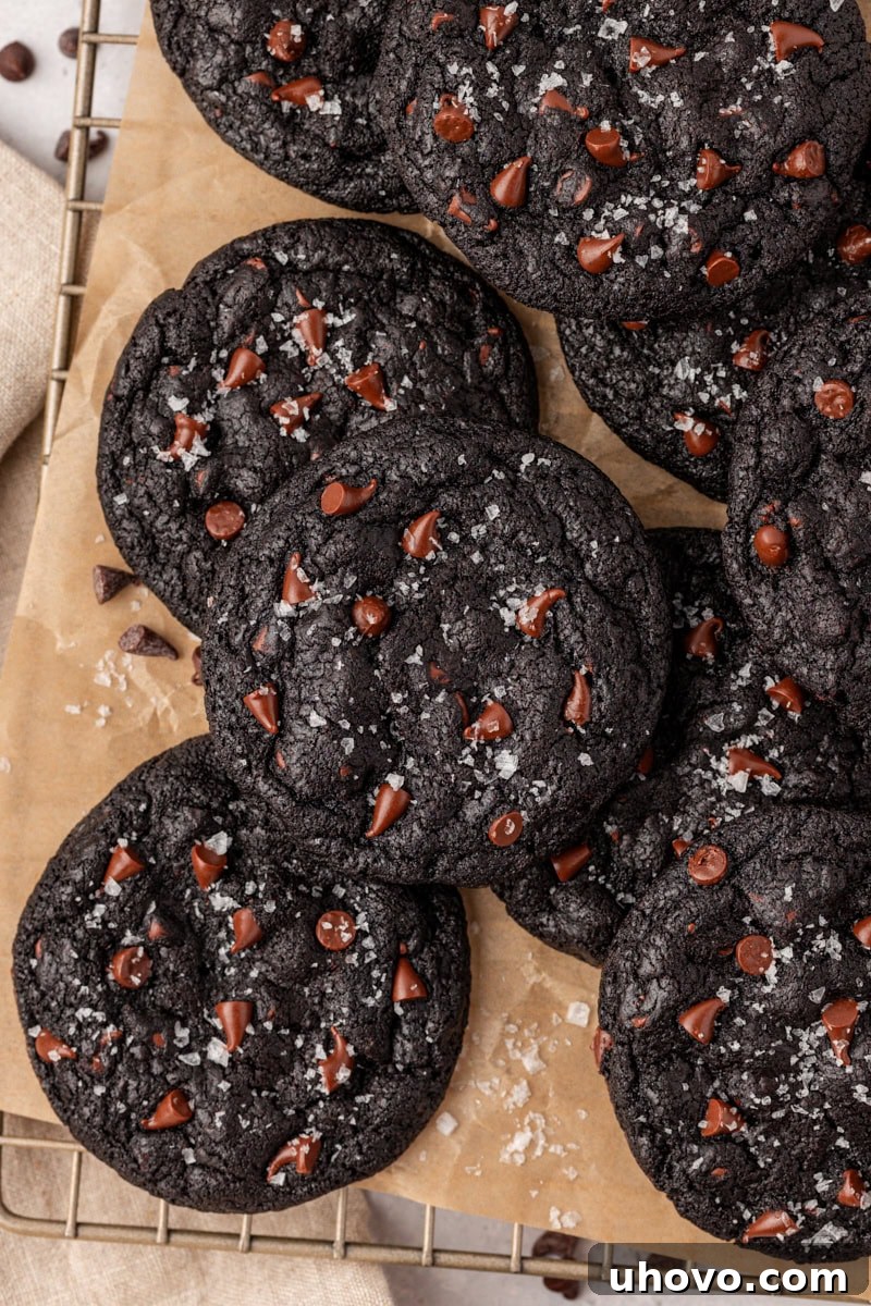 overhead view of black cocoa cookies on a sheet of parchment paper