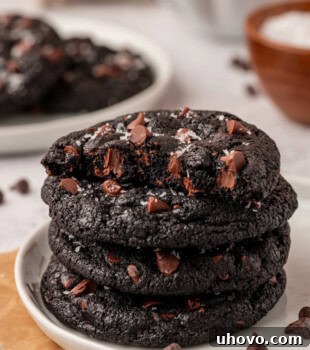 stack of four black cocoa cookies on a white plate with more cookies in the background