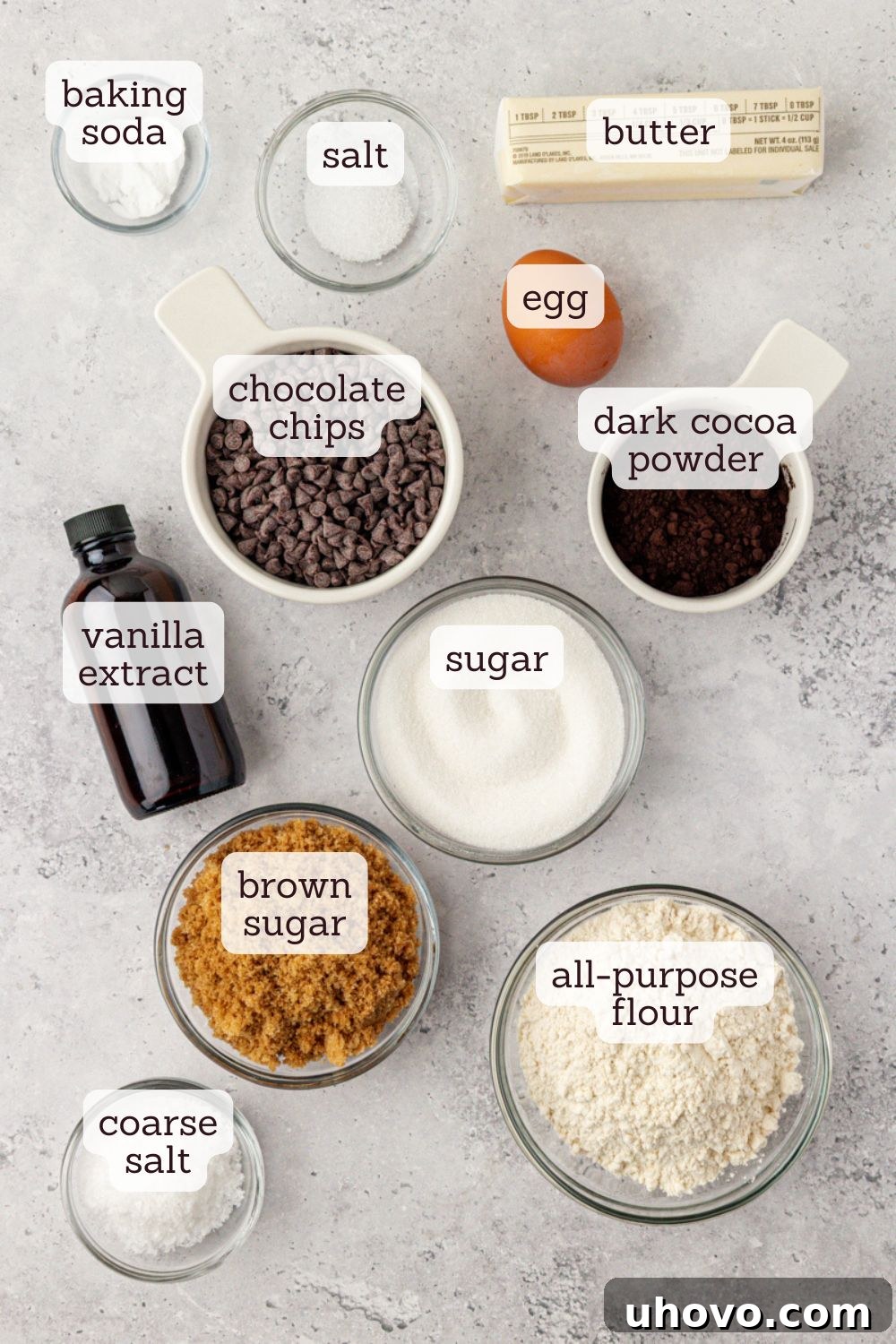 overhead view of ingredients for black cocoa cookies