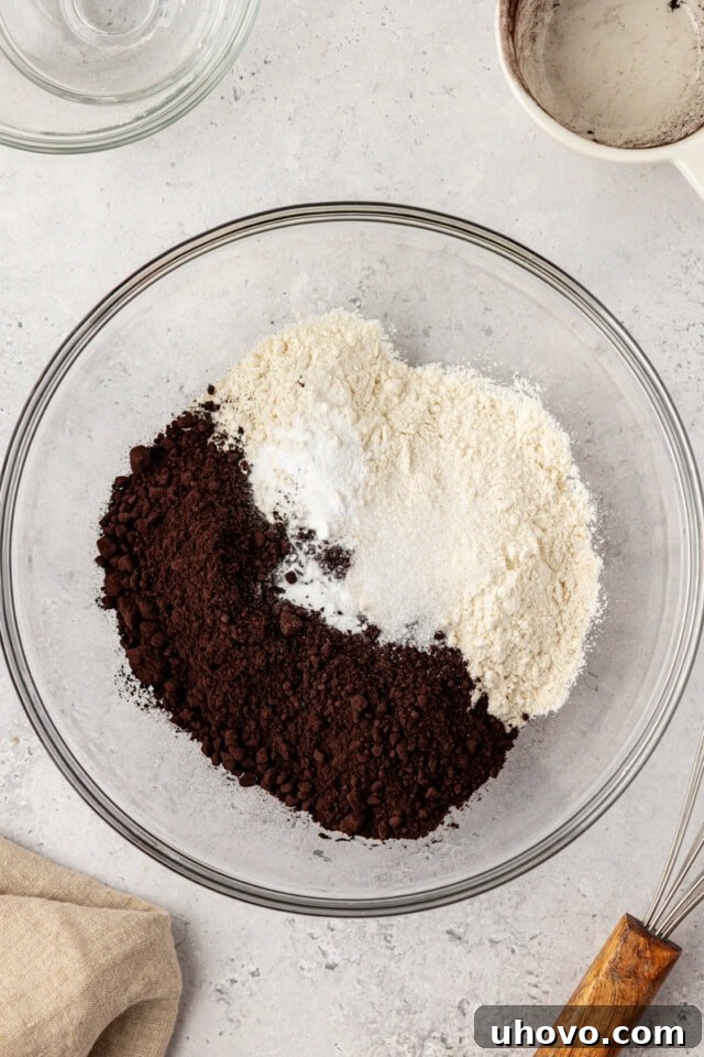overhead view of flour, black cocoa powder, baking soda, and salt in a glass mixing bowl