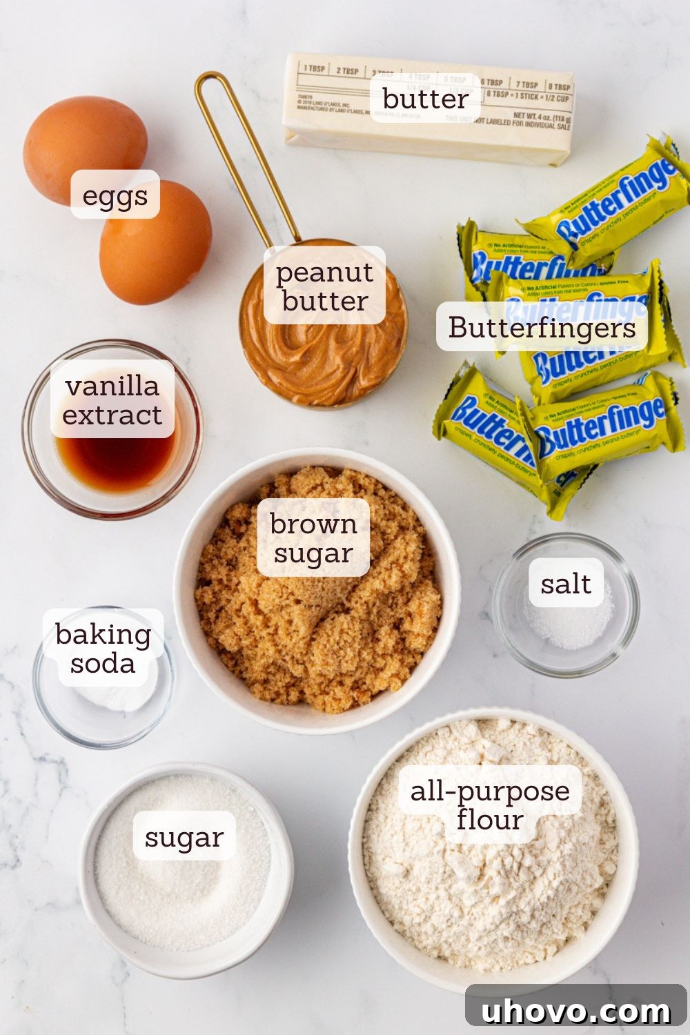 overhead view of ingredients for Butterfinger cookies