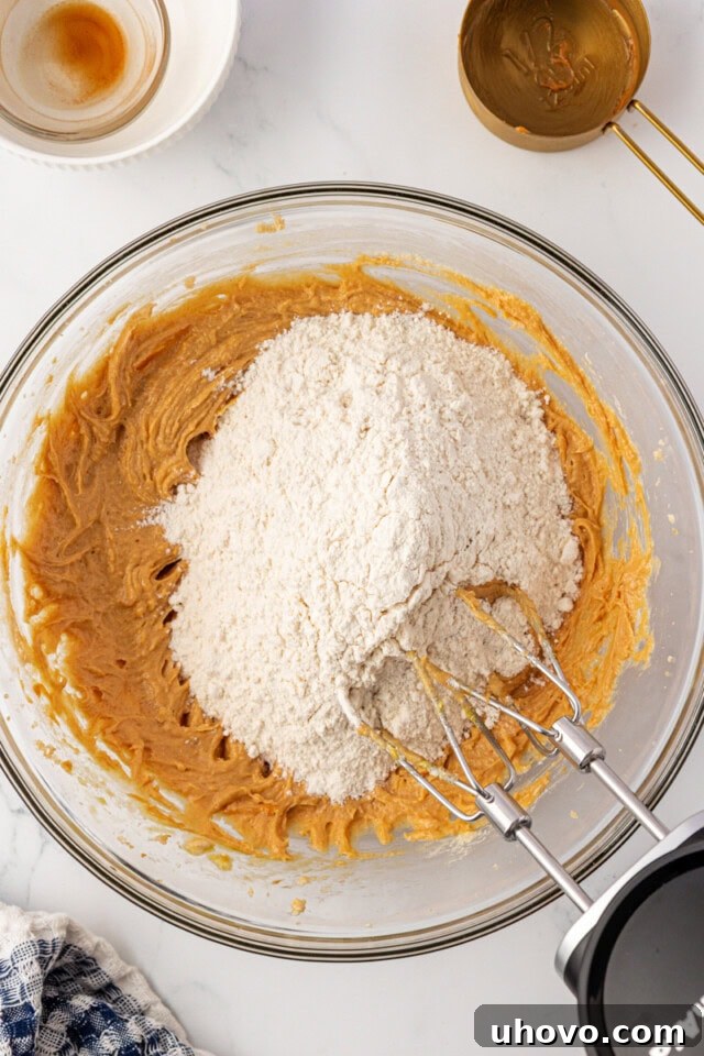 overhead view of dry ingredients added to wet ingredients for peanut butter cookies 