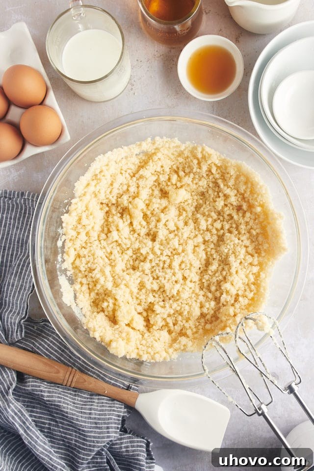 Overhead view of the rum cake batter after the dry and solid ingredients have been mixed, showing a sandy texture.