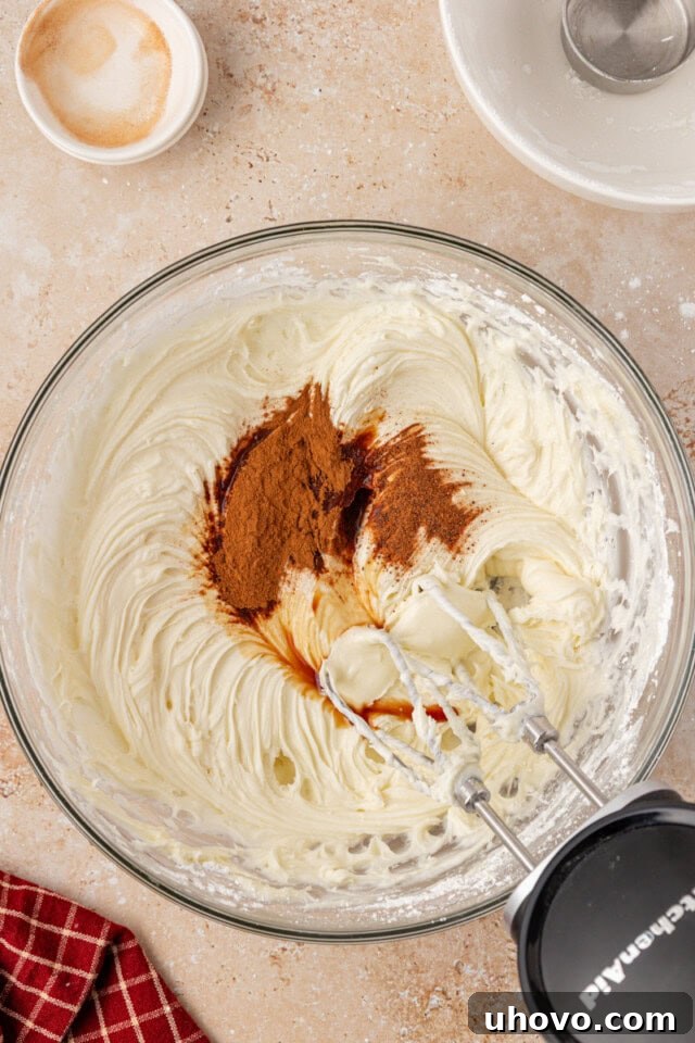 Overhead close-up of vanilla extract, ground cinnamon, and nutmeg being added to a bowl of cream cheese frosting mixture, enhancing its flavor profile.