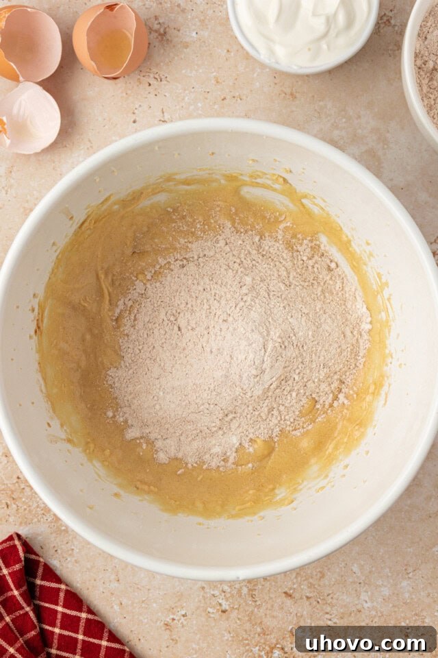 Overhead perspective showing dry ingredients being carefully added to the apple cupcake batter, alternating with sour cream for optimal mixing and texture.