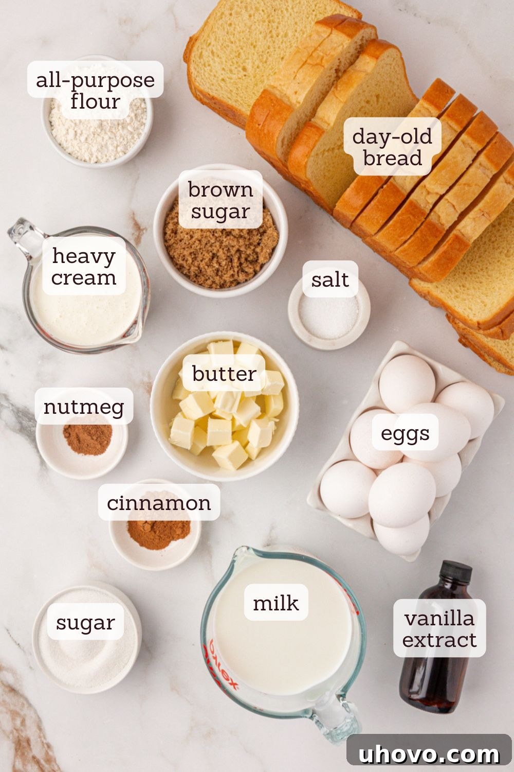 overhead view of ingredients for baked French toast