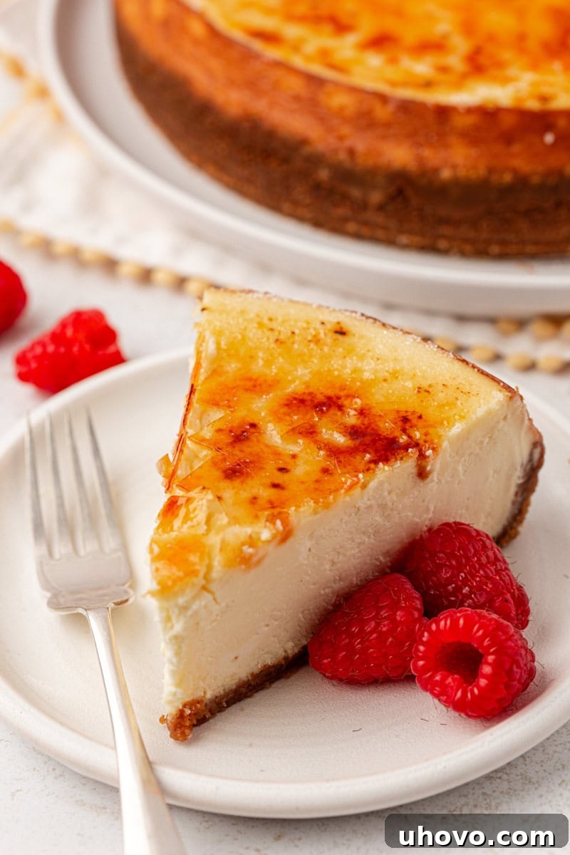 a slice of crème brûlée cheesecake on a white plate with three fresh raspberries and a fork resting on the plate