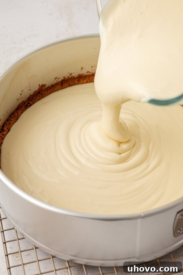 cheesecake batter being poured into a partially baked graham cracker crust in a springform pan