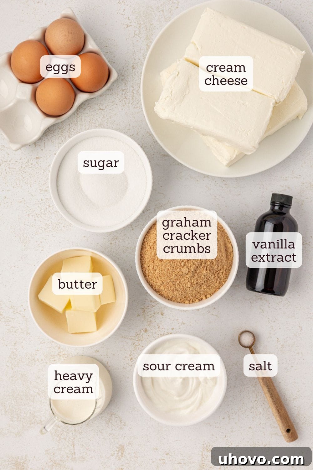 overhead view of ingredients for crème brûlée cheesecake