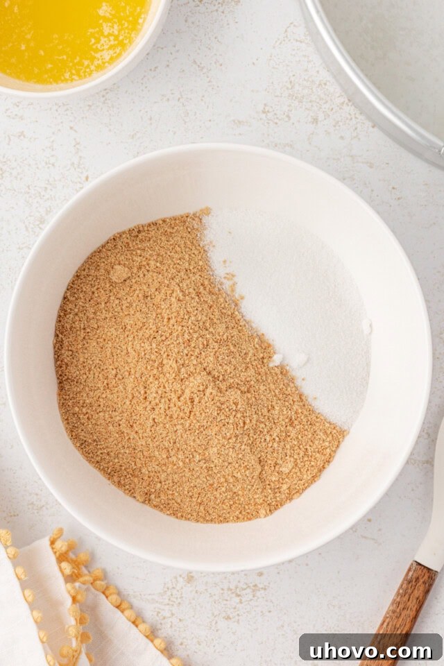 overhead view of graham cracker crumbs and sugar in a white mixing bowl
