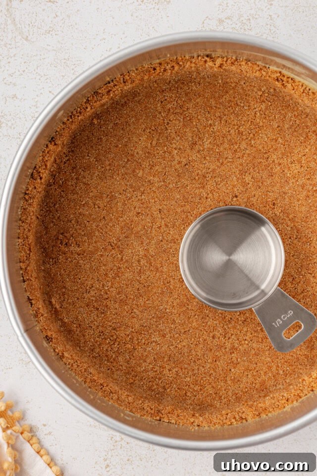 overhead view of graham cracker crust pressed into a springform pan