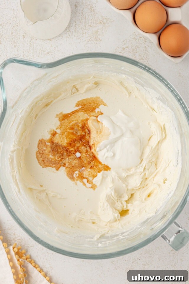 overhead view of cream, sour cream, vanilla, and salt added to beaten cream cheese and sugar