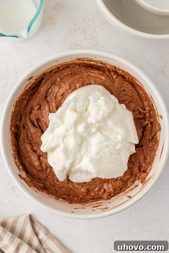 Overhead view of whipped egg whites being gently folded into the rich chocolate cake batter, creating a lighter, airier consistency.