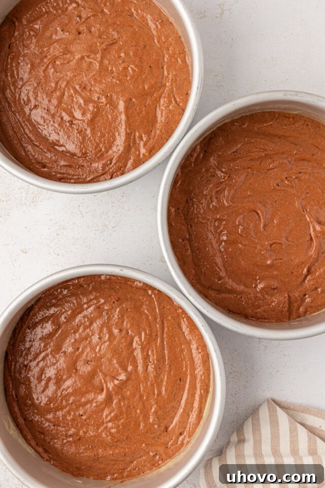 Overhead view of German chocolate cake batter evenly divided into three round cake pans, perfectly prepped for baking.