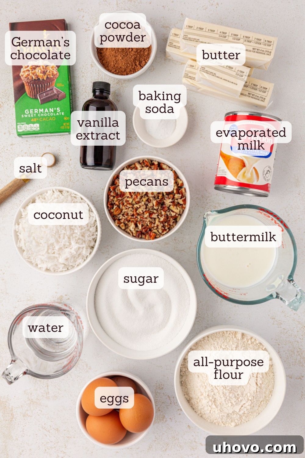 Overhead view of various key ingredients for German chocolate cake laid out on a table, including chocolate, flour, eggs, butter, buttermilk, and shredded coconut.