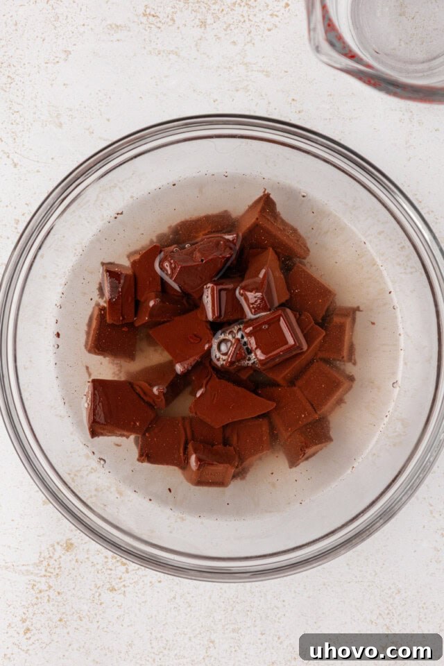 Close-up overhead view of German's sweet chocolate melting in boiling water in a clear glass bowl, showcasing the rich, dark chocolate.