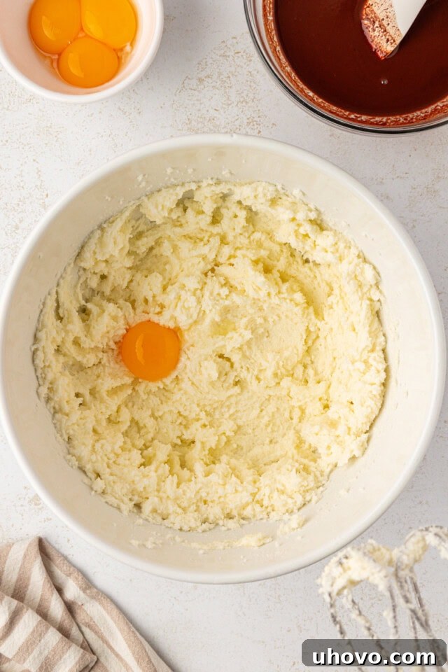Overhead view of an egg yolk being gently added to creamed butter and granulated sugar in a stand mixer bowl, showing the light and fluffy mixture.