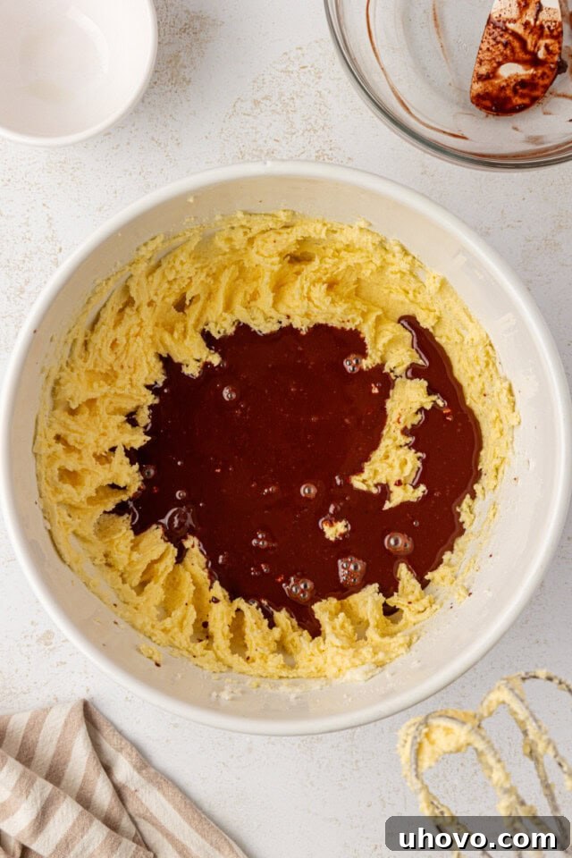 Overhead view of melted chocolate and vanilla extract being carefully added to the cake batter in a mixing bowl.
