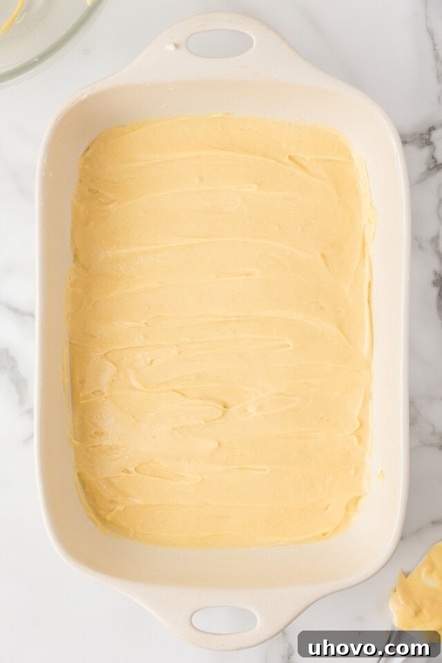 Overhead view of the smooth choux pastry spread evenly into a rectangular white baking pan, ready to be baked into the cake's base.