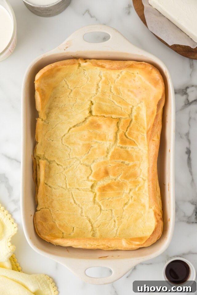 Overhead view of a freshly baked, golden, and puffed choux pastry layer in a white rectangular pan, forming the perfect base for the Cream Puff Cake.