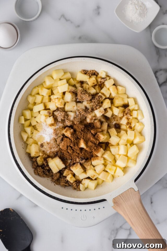 Overhead view of diced apples, sugars, spices, and lemon juice combined in a saucepan, ready for cooking.