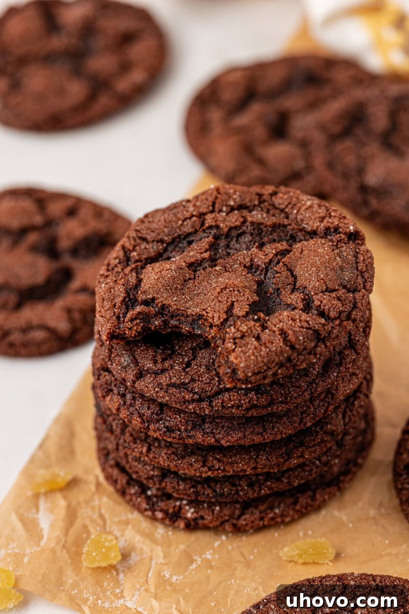 A stack of six soft and chewy chocolate ginger cookies with a bite missing from the top cookie. More cookies are blurred in the background, hinting at a generous batch.