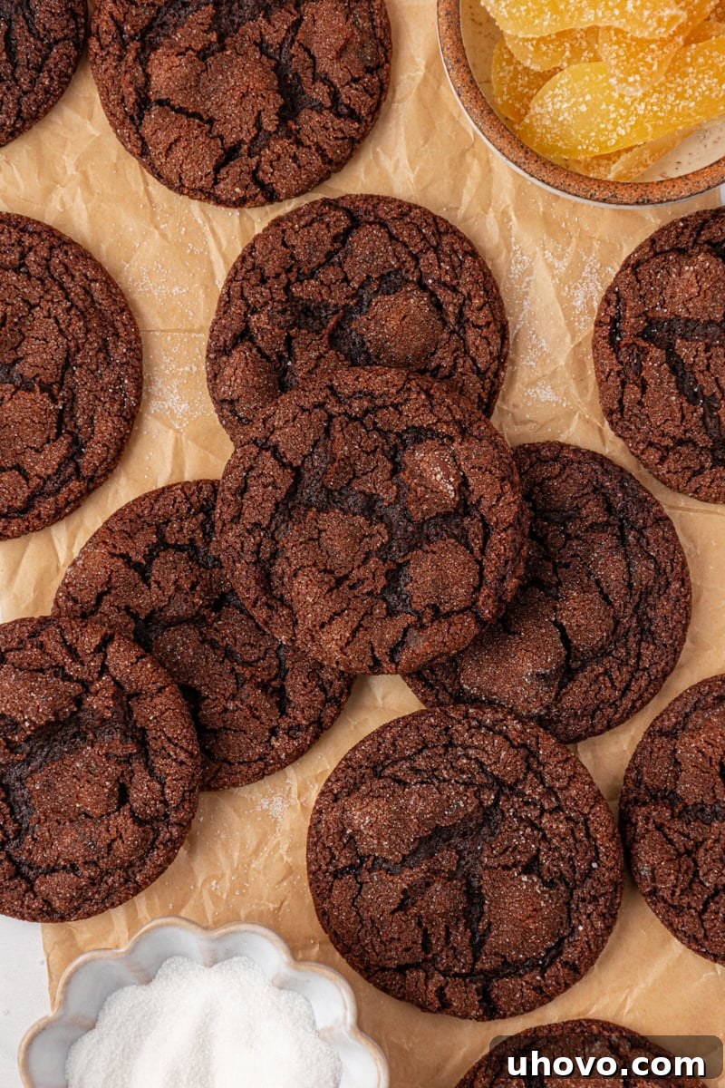 An inviting overhead view of freshly baked chocolate ginger cookies, scattered casually on parchment paper, ready to be enjoyed.