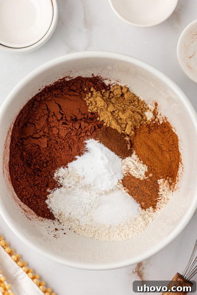 An overhead view of flour, cocoa powder, baking soda, baking powder, salt, and various spices meticulously combined in a clean white mixing bowl.
