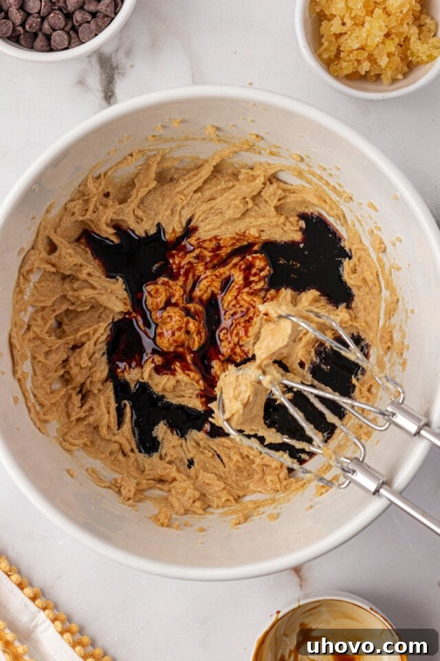 An overhead view of dark, sticky molasses and clear vanilla extract being added to the existing cookie dough mixture in a bowl.