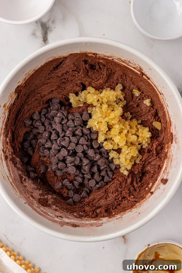 An overhead view of glistening chocolate chips and finely chopped candied ginger being stirred into a rich chocolate cookie dough.
