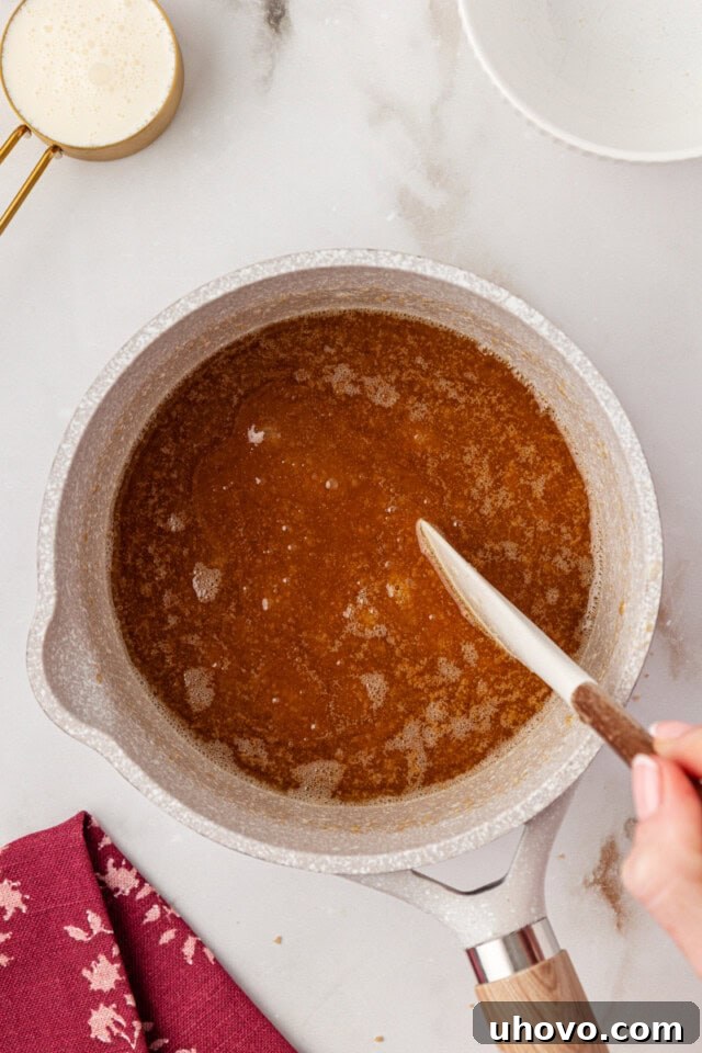 overhead view of metled butter and brown sugar in a saucepan