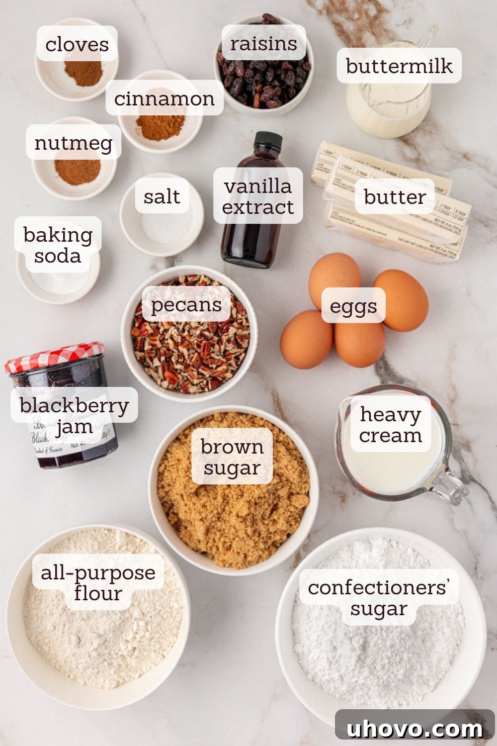 overhead view of ingredients for Kentucky jam cake