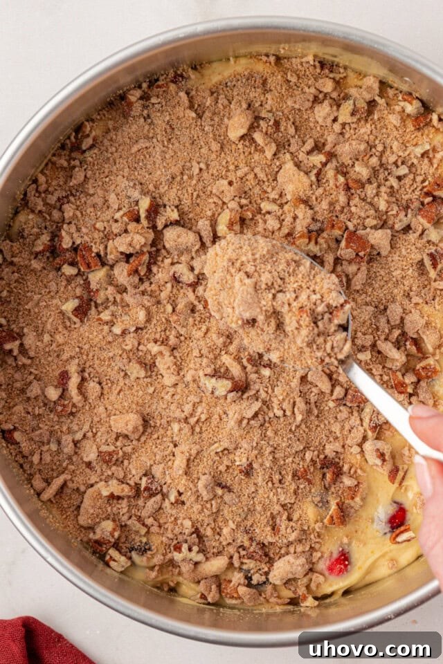 Overhead view of the chilled streusel topping being generously sprinkled over the cranberry coffee cake batter in the springform pan.