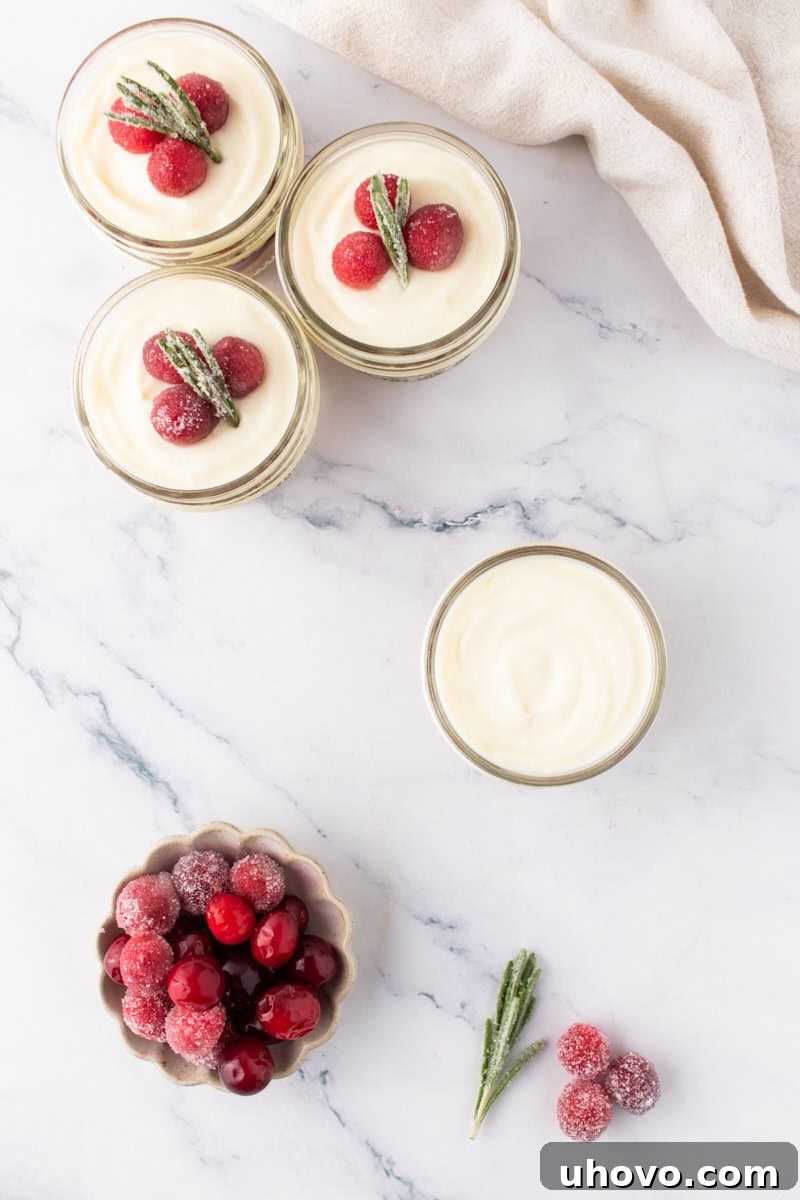 overhead view of a no-bake white chocolate cranberry cheesecake jars being assembled