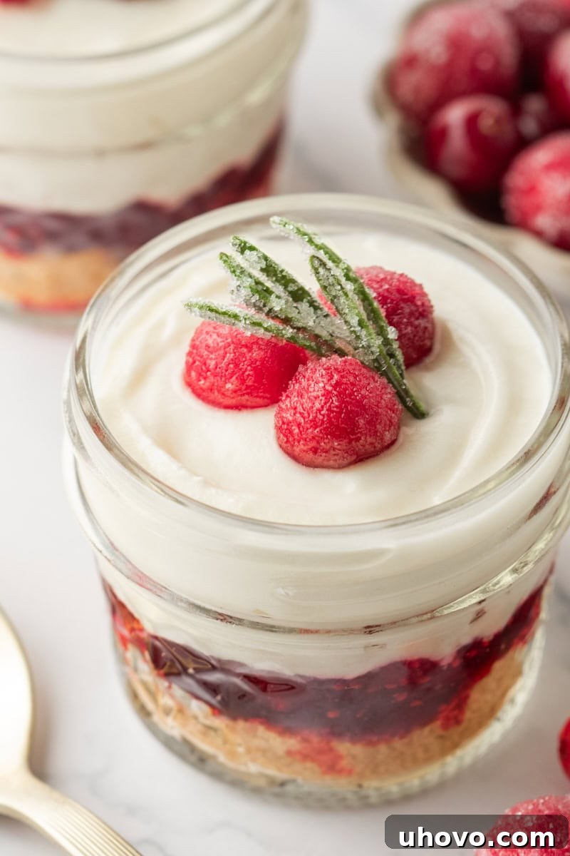 close up of a no-bake white chocolate cranberry cheesecake jar topped with sugared cranberries and rosemary sprig