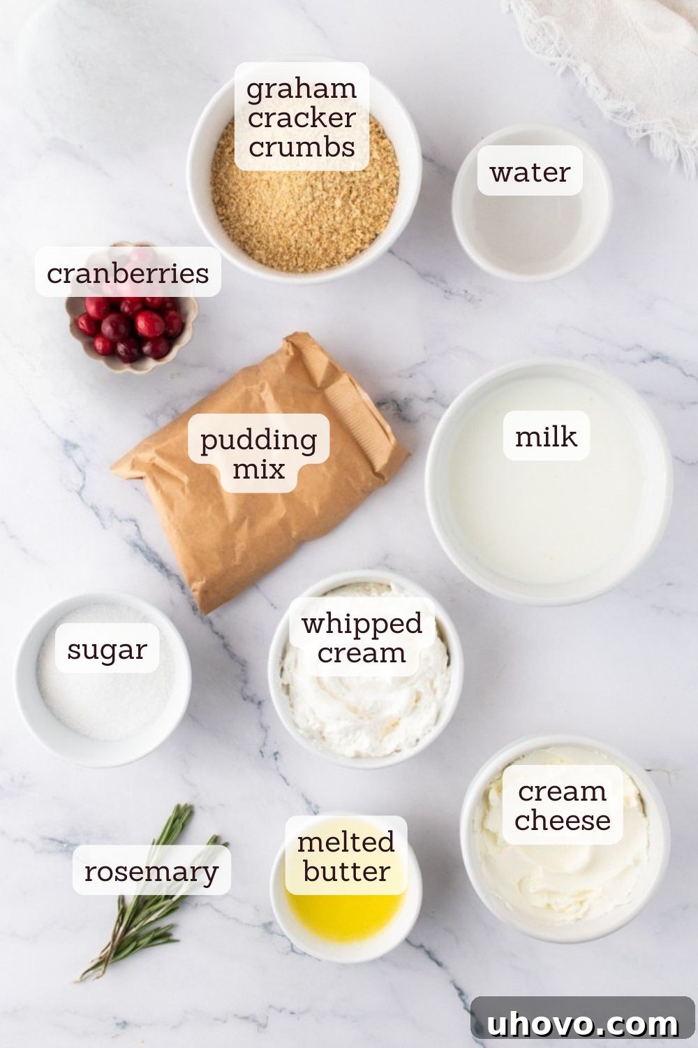 overhead view of ingredients for no-bake white chocolate cranberry cheesecake jars