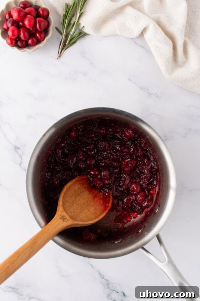 overhead view of cranberry sauce in a saucepan