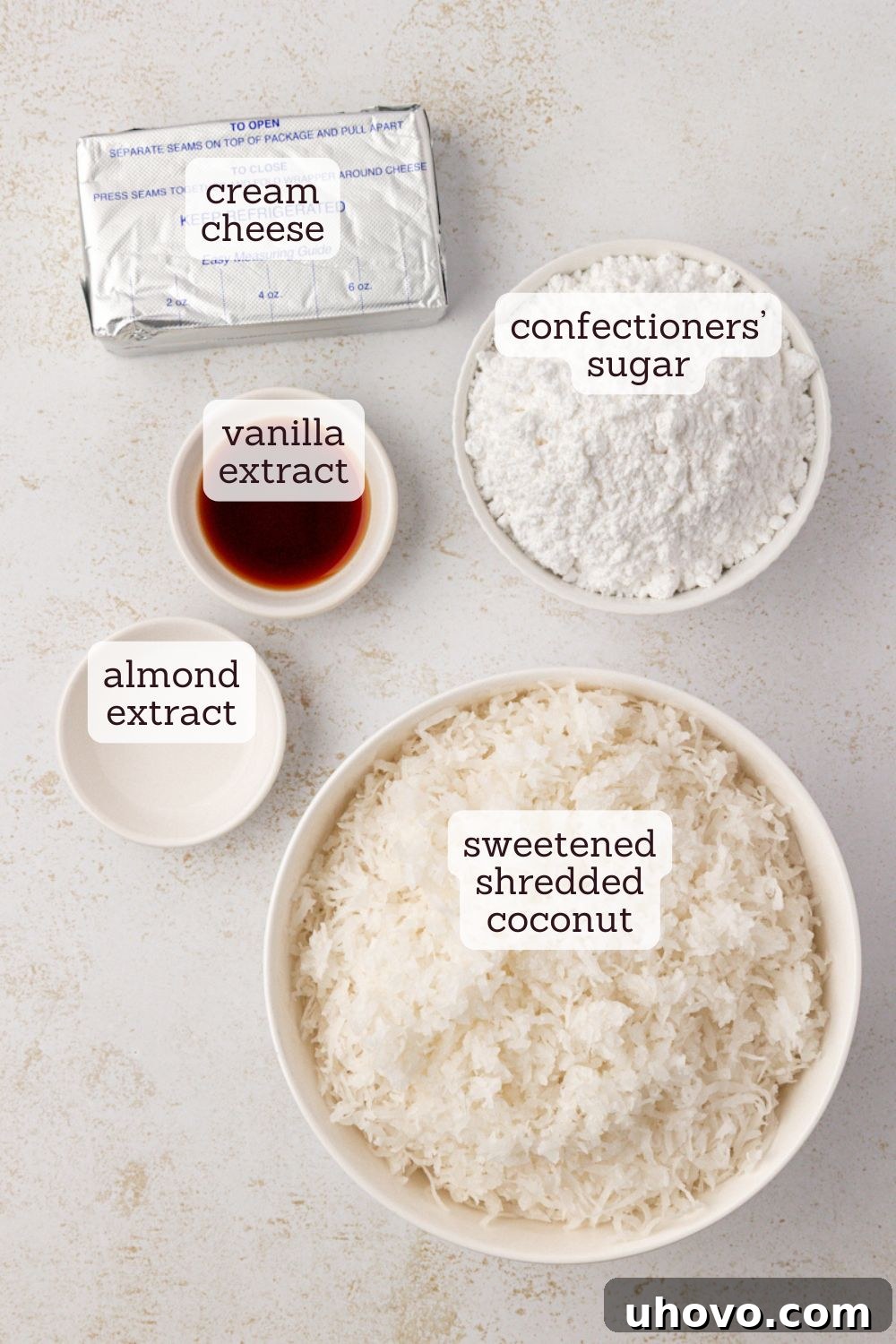 overhead view of ingredients for coconut snowballs