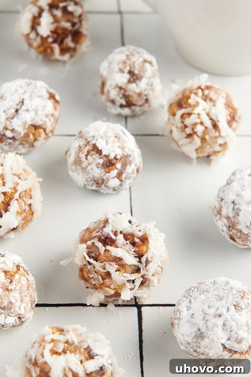 A close-up view of date balls, some rolled in coconut and others in powdered sugar, highlighting their textures and festive appeal