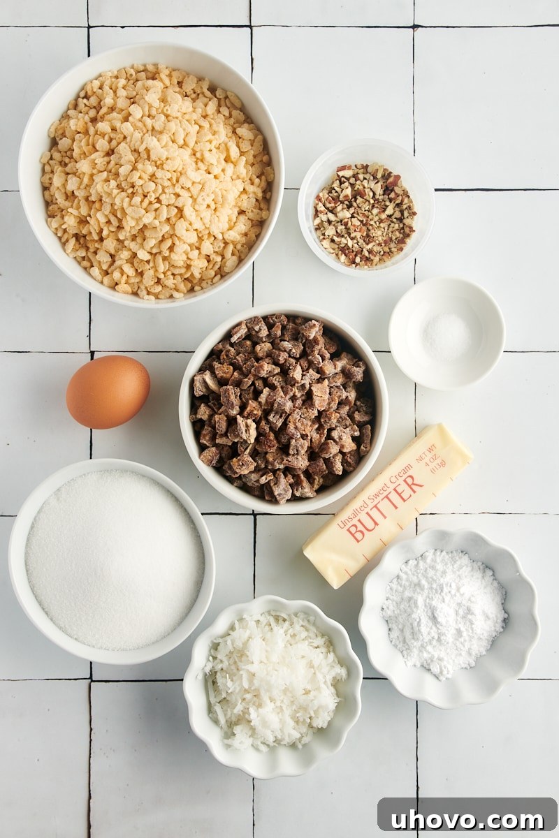 Overhead view of all ingredients for date balls neatly arranged on a rustic surface