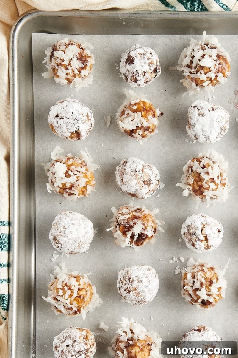 Overhead view of date balls coated in coconut and powdered sugar, neatly setting on a baking sheet lined with parchment paper