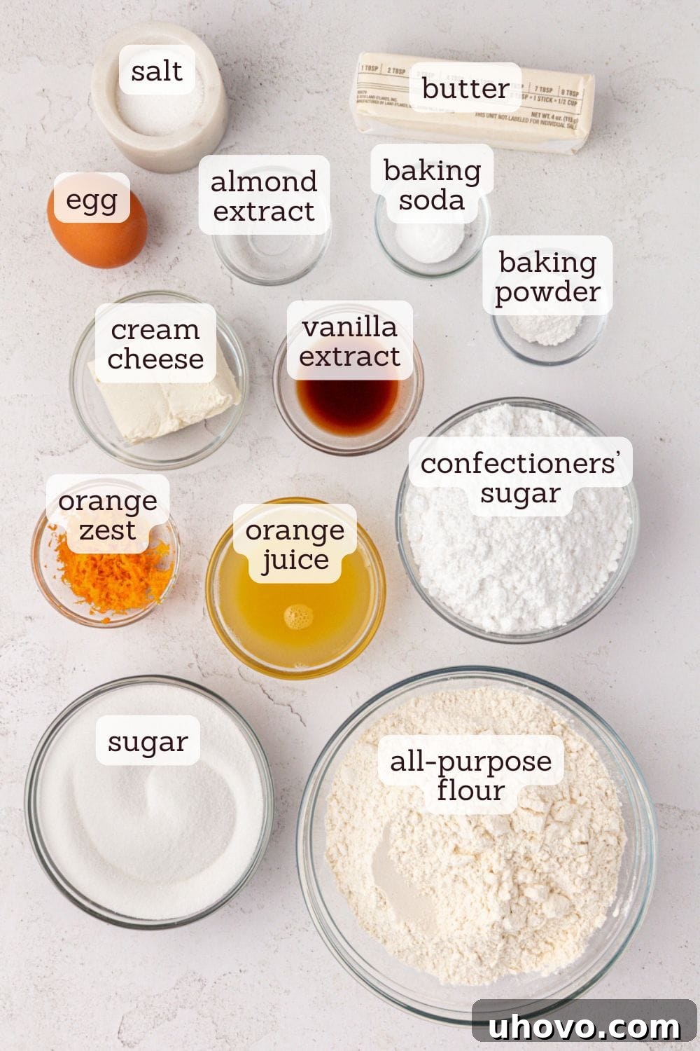 overhead view of ingredients for glazed orange cookies