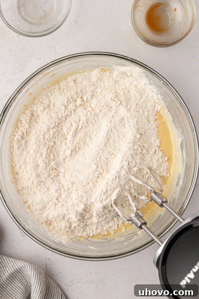 overhead view of dry ingredients added to wet ingredients for orange cookies