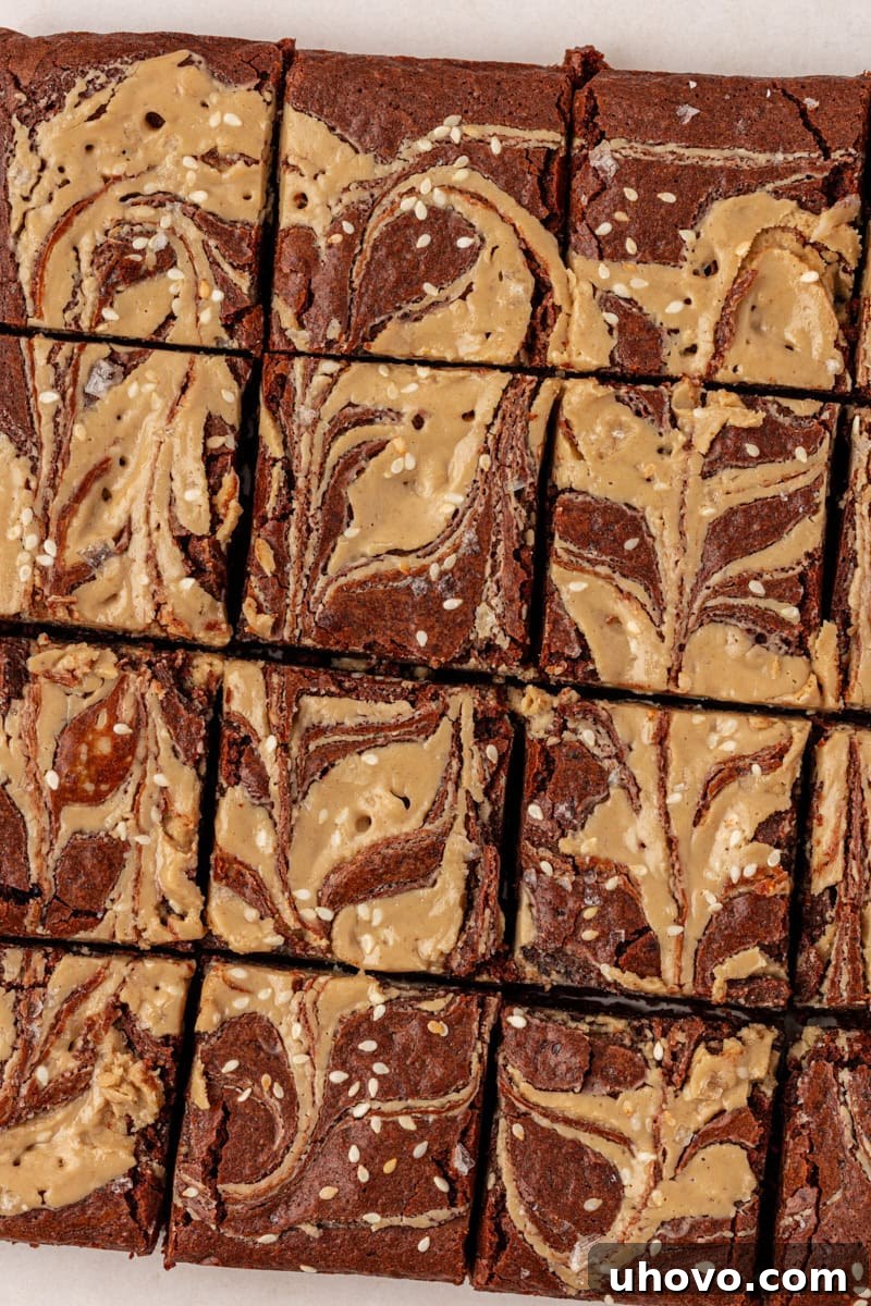 overhead closeup view of sliced tahini brownies