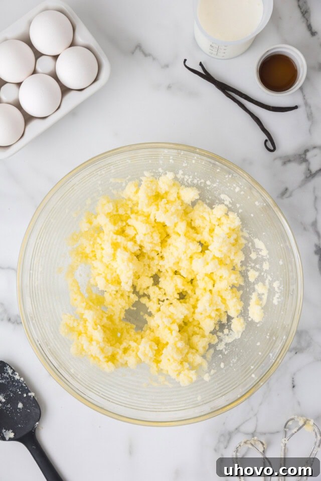 overhead view of creamed butter and sugar in a mixing bowl